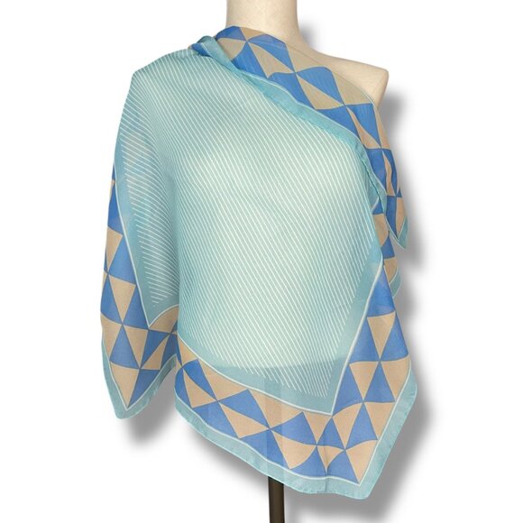 Vintage Chiffon Scarf Square Stripes Triangle Border  Semi-Sheer 27 x 27 Blue - Picture 1 of 6